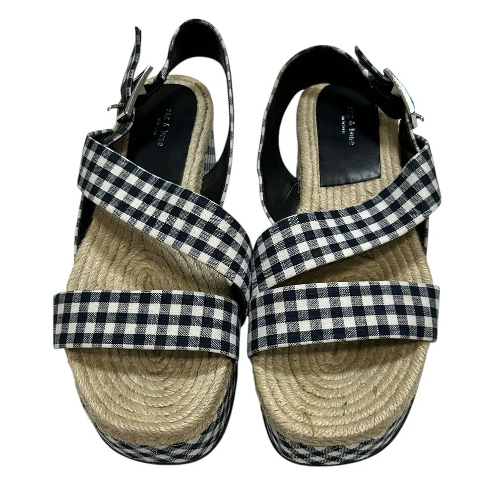Rag & Bone Checkered Gingham Ankle Strap Megan Platform Sandals 7.5 Blue White